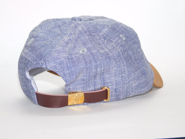 Chambray Linen Dad Hat back with Leather Strap and logo embossed buckle