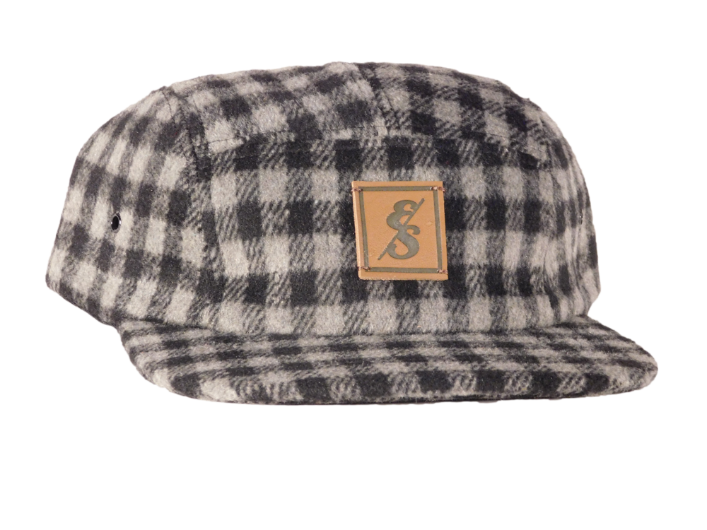 No. 276 Charcoal & White Checkered Wool 5 Panel Camper Hat